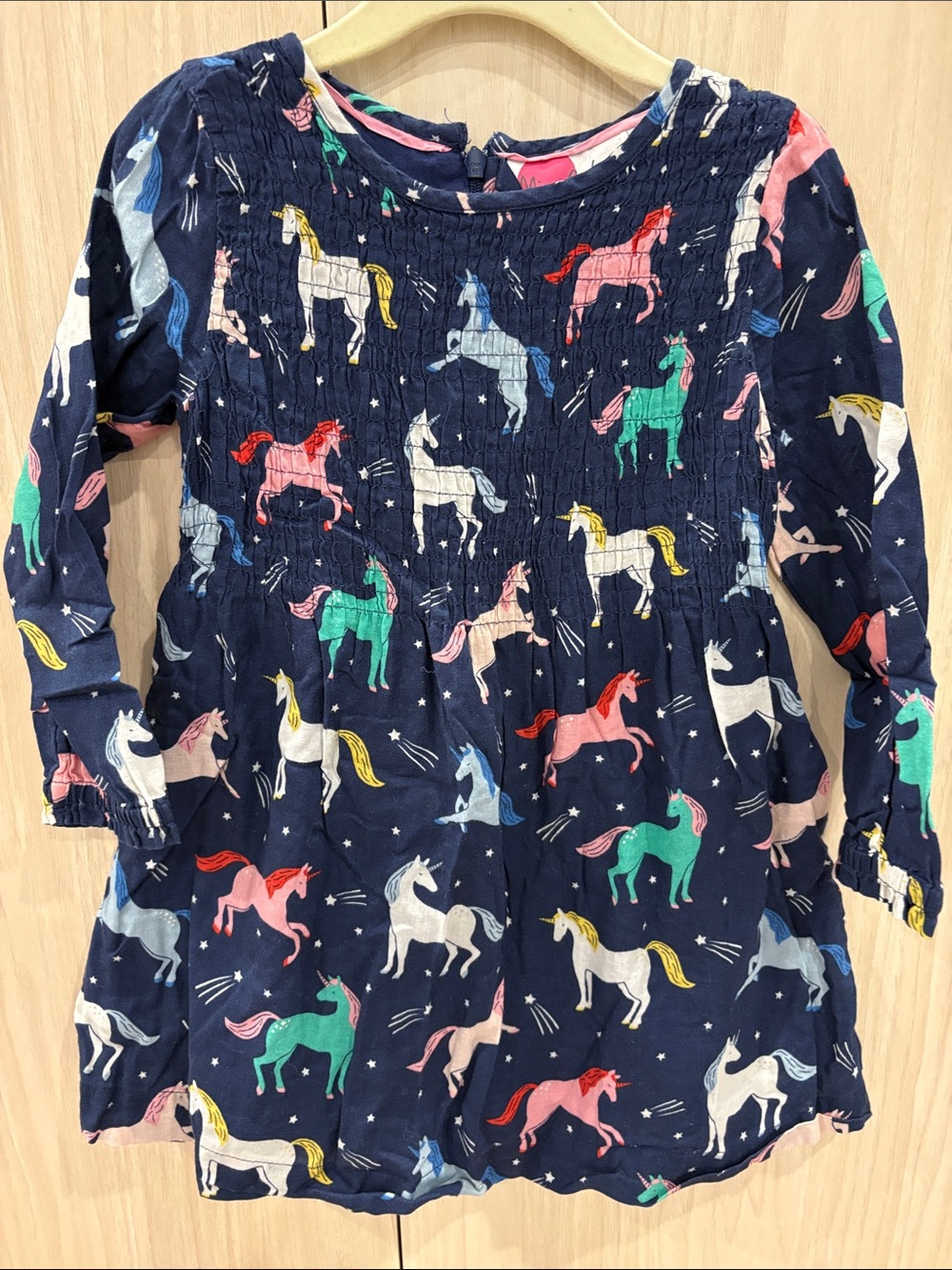 Mini Boden Navy Unicorn Smocked Long Sleeve Dress with Multicolor Ponies